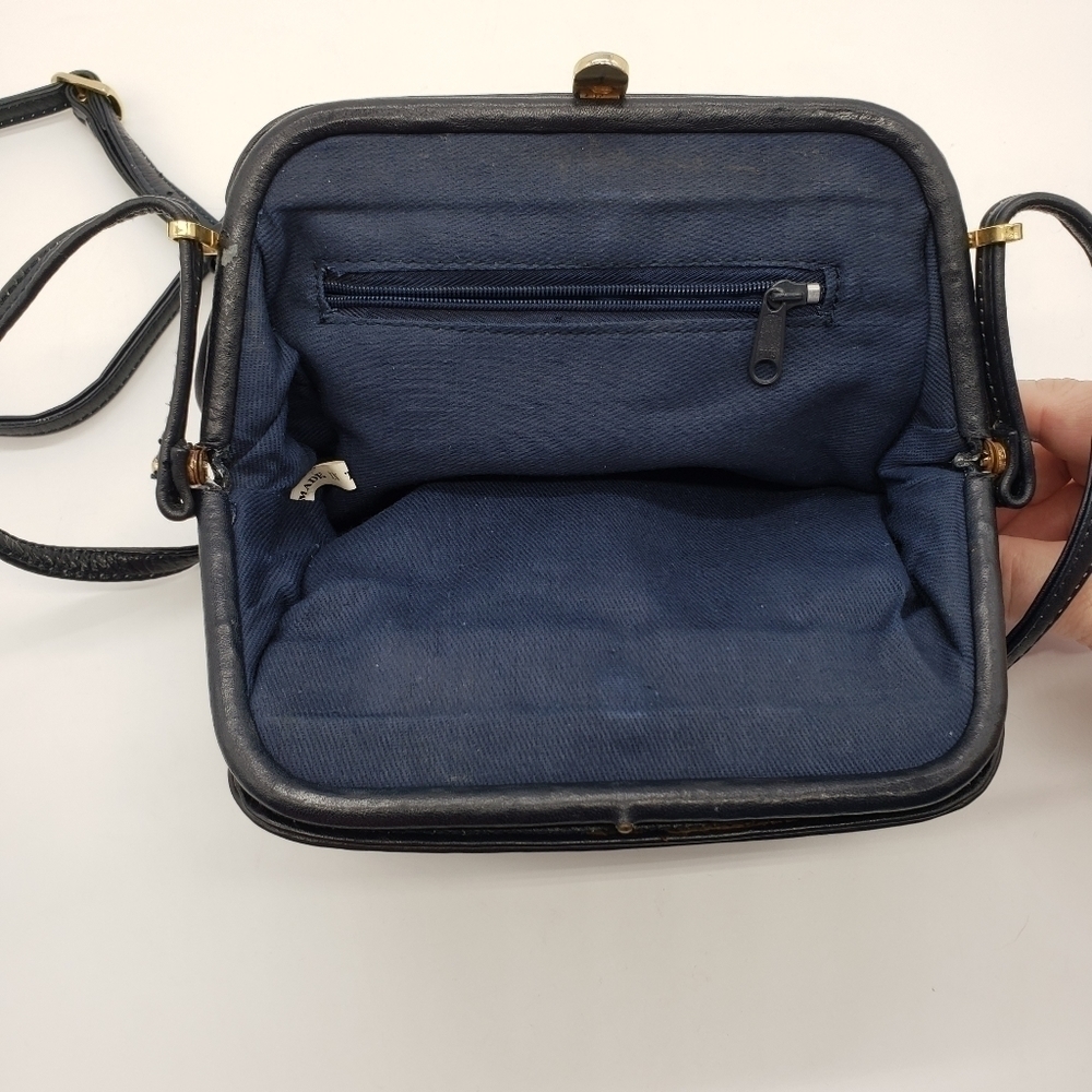 VINTAGE women dark navy blue bag crossbody soft leather 3 compartments lined - Picture 10 of 14